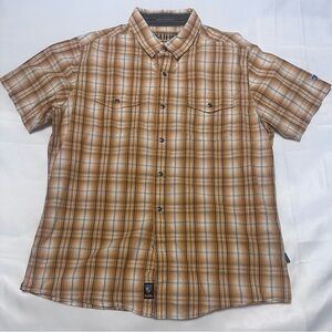 Kuhl Mountain Grown Orange Plaid Hiking Outdoor Button Up Linen Large